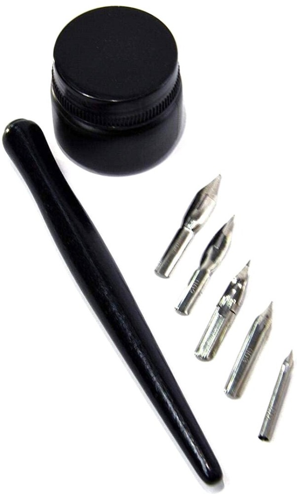 FRKB Manga Calligraphy Dip Pen Set With Universal Nib Holder,Black