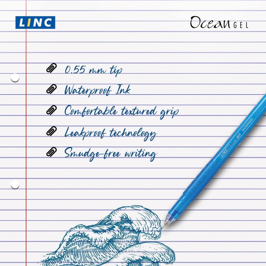 LINC- Ocean Gel USD 0.10 So far the only affordable pen covering all the  aspects like - smoothness, fineness, waterproof, dark ink, good grip. : r/ pens