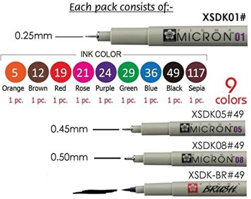 Sakura Pigma Micron Pen - Size 01 - 0.25 mm - 9 Color Bundle