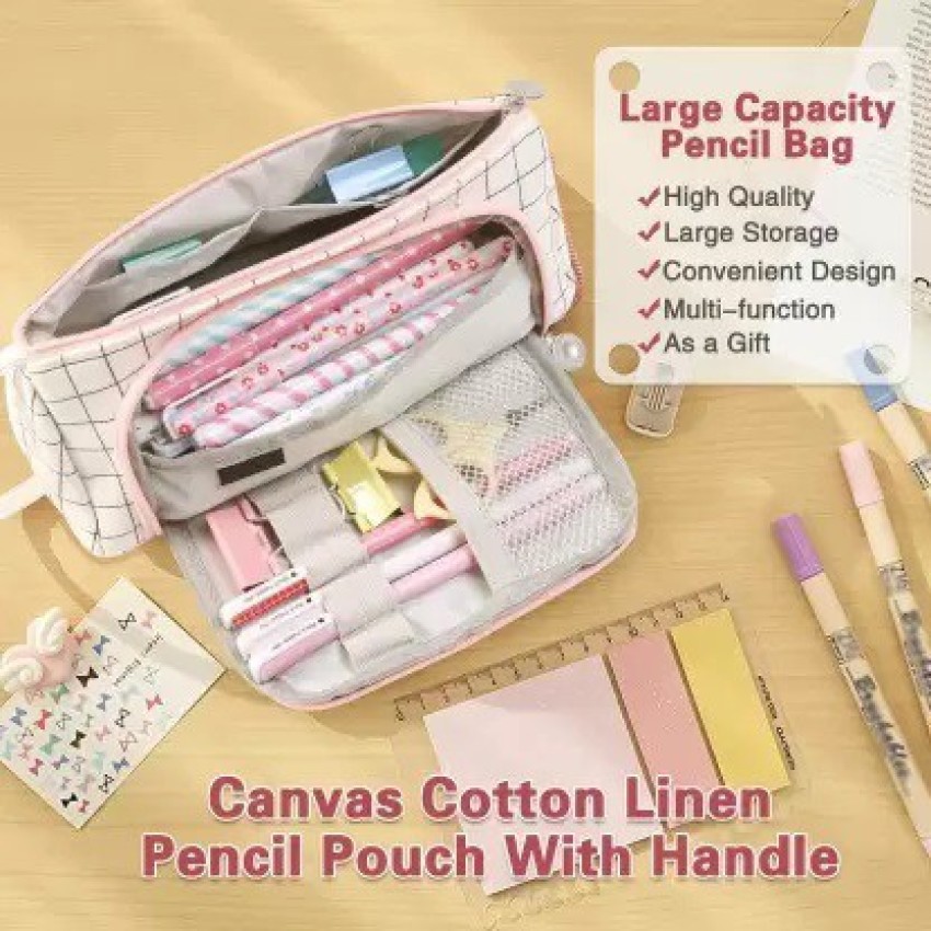 1 Pcs Large Pencil Case Big Capacity 3 Compartments Canvas Pencil Pouch  Multifunctional Multi-layer Pencil Case For