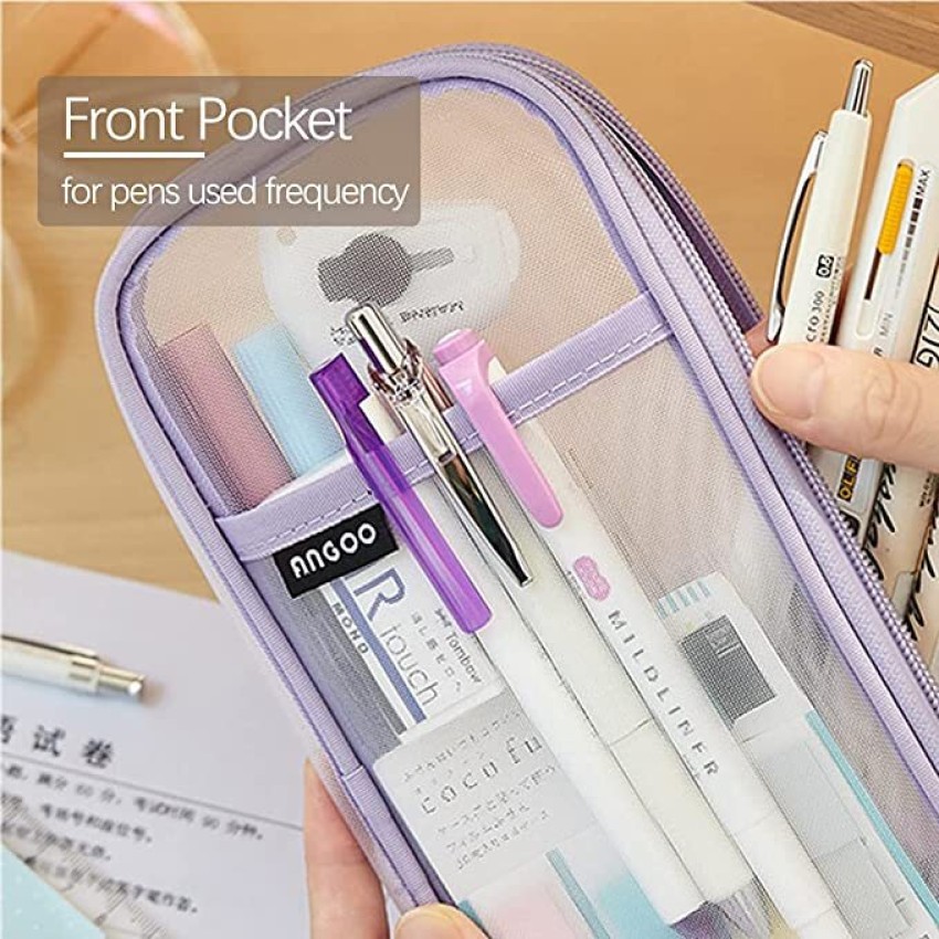 Grid Mesh Pen Pencil Case With Zipper Clear Makeup Pouch Cosmetics