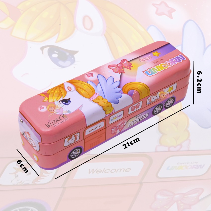 WISHKEY Bus Pencil Box For Kids With Movable Wheels, Pencil  Case for Kids Unicorn Art Metal Pencil Box - Box