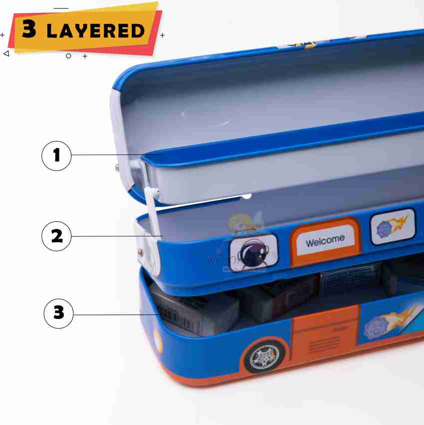 WISHKEY Bus Pencil Box For Kids With Movable Wheels