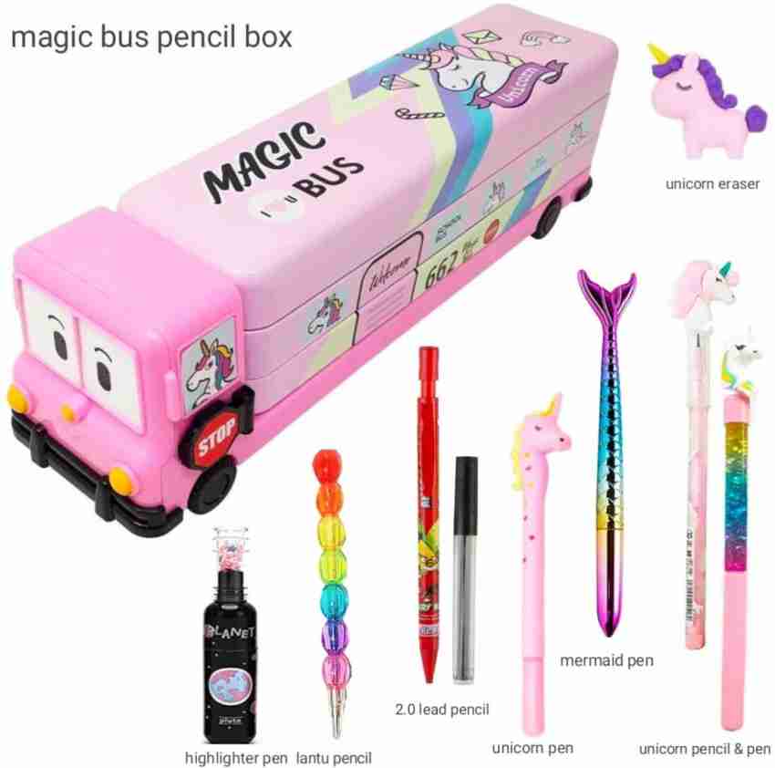 TOYGENIC Pencil Box for Kids Magic Bus with Moving Tyre & Sharpener for  Kids Bus Truck Geometry Box for Kids Boys & Girls - Pink