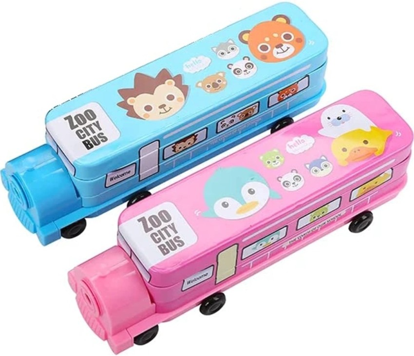 TOYGENIC Pencil Box for Kids Magic Bus with Moving Tyre & Sharpener for  Kids Bus Truck Geometry Box for Kids Boys & Girls - Pink