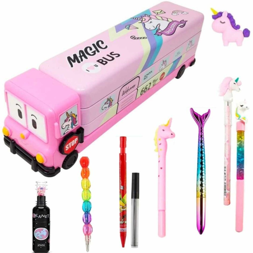 TOYGENIC Pencil Box for Kids Magic Bus with Moving Tyre & Sharpener for  Kids Bus Truck Geometry Box for Kids Boys & Girls - Pink