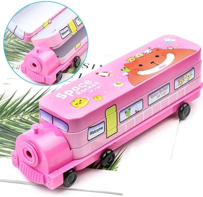 TOYGENIC Pencil Box for Kids Magic Bus with Moving Tyre & Sharpener for  Kids Bus Truck Geometry Box for Kids Boys & Girls - Pink