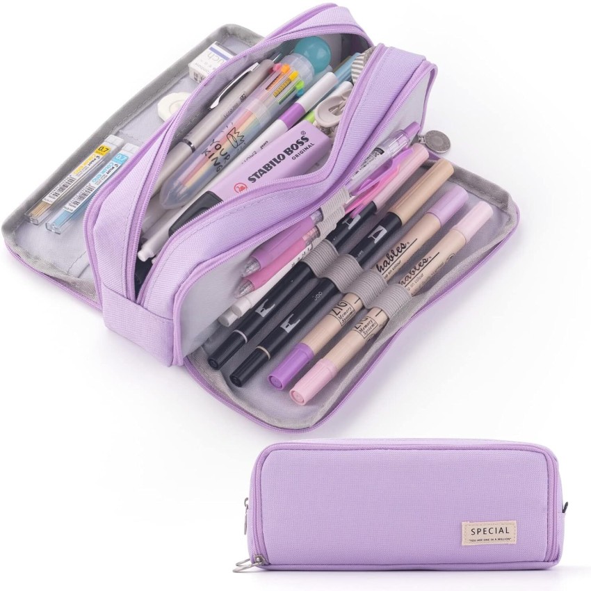 Lyumo Square Four-layer 72 Holes Sketch Art Drawing Pencil Case Organizer Pure Color Pen Bag, Purple