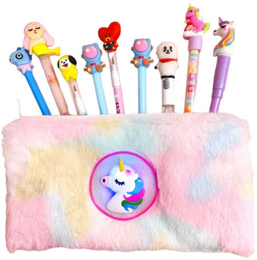 AMANVANI Unicorn LED Light Fur Pouch for Stationery Unicorn Pencil Pouch Pencil Case Stationery Unicorn Pencil Pouch, Birthday Return Gift for Kids Art EVA Pencil Box  (Set of 1, Pink)