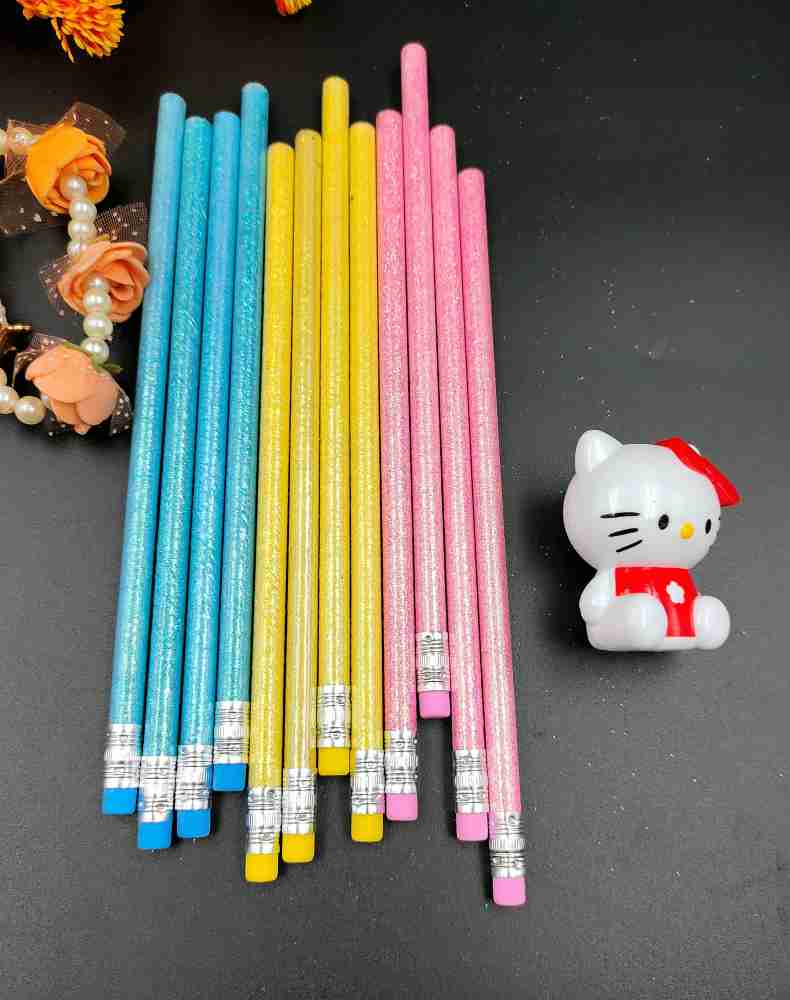 Preili's Yellow Glitter Print Pencil with Top Eraser and  Kitty Sharpener - Pack of 12Pc Pencil 