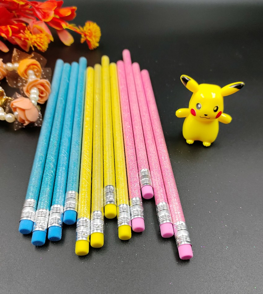 Preili's Yellow Glitter Print Pencil with Top Eraser and  Pikacho Sharpener - Pack of 12Pc Pencil 