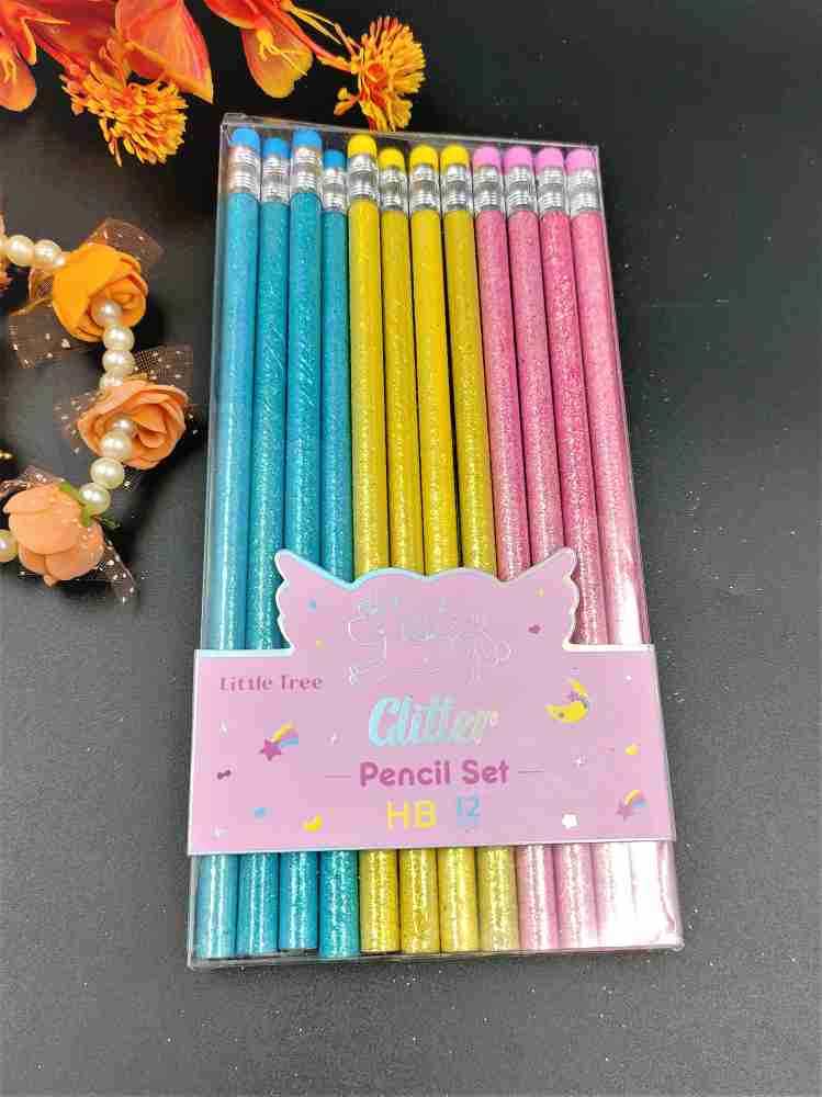 Preili's Yellow Glitter Print Pencil with Top Eraser and  Kitty Sharpener - Pack of 12Pc Pencil 