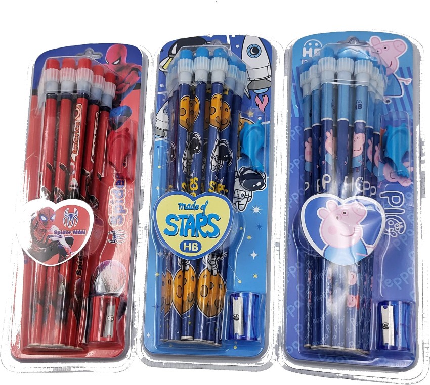 Paper Bear Peppa, Spider and Astro HB Pencil, Sharpener and  Pencil Cap Set Piece of 12 Pencil - Writing