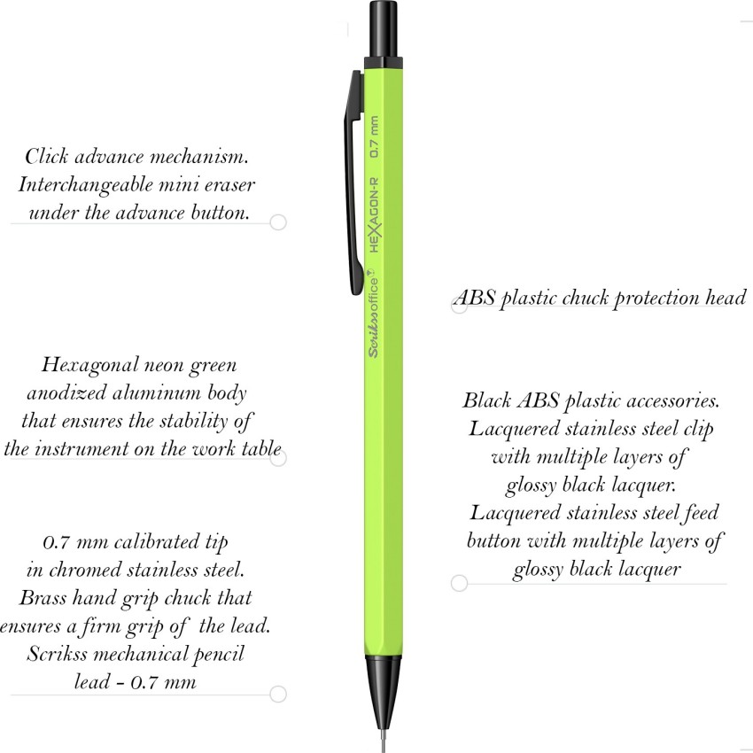 Scrikss Office Hexagon Shape Mechanical Pencil with 0.7mm  Lead of Grade HB, Satin Silver & Neon Green, Aluminium Body, Click  Mechanism, Mini Interchangeable Eraser, SS Clip Set of 2 Pencils