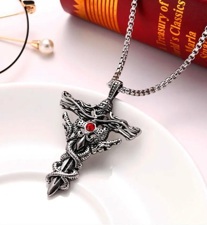 STAINLESS STEEL RUBY TWIN shops DRAGON CROSS SWORD NECKLACE