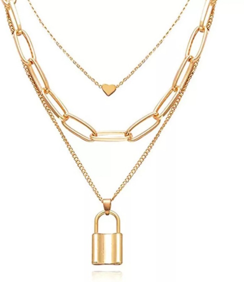 Triple Layear pad lock chain for girls &women Gold chain Heart