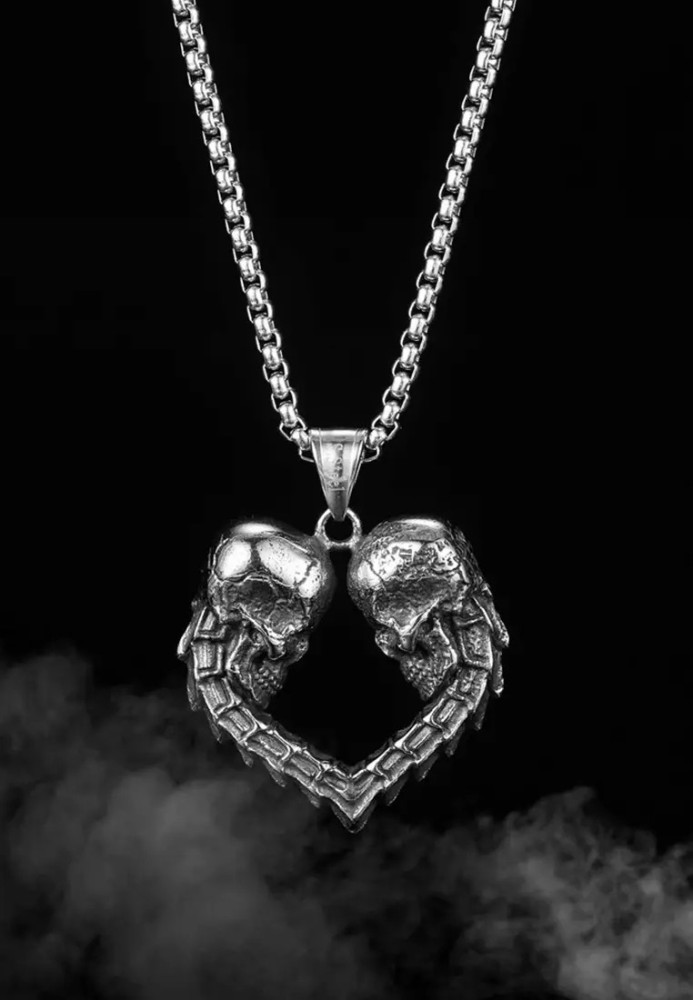 Stylish fashion heart pendant with skulls, Silver skull necklace, Spine heart necklace, Men's women's goth jewellery, Gift pendent.