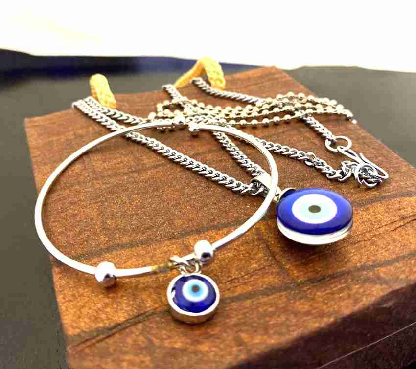 accessoo Evil Eye Bracelet and Pendant with Chain COMBO. Natural Blue Evil Eye Pendant. Alloy Bone Stainless Steel Pendant Set