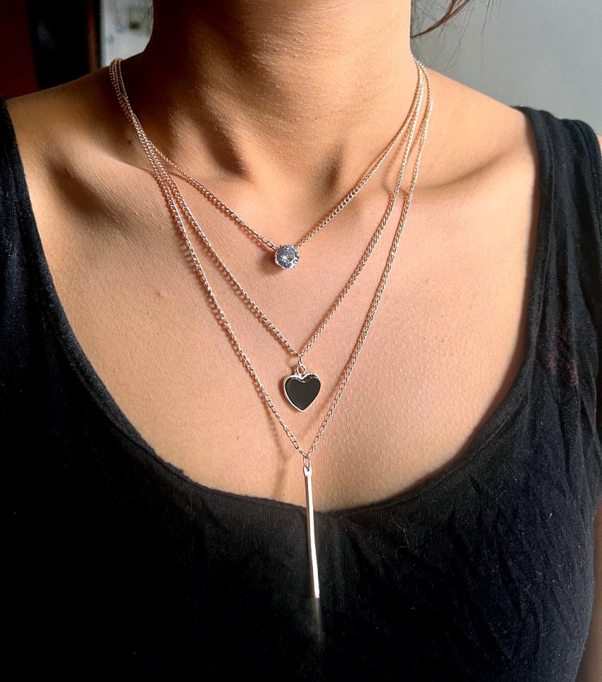 Silver Layered Heart & Beads Pendant Necklace