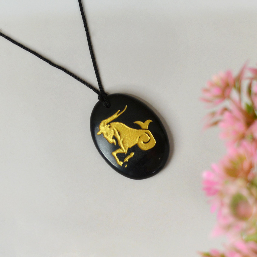 CRYSTU Natural Black Agate Capricorn Makar Rashi Zodiac Symbol