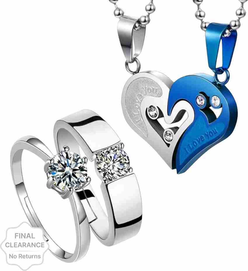 Silver Chain Stainless Steel Heart Shape Pendant Couple Ring Silver Ring  Pendant With Ring Valentine Special