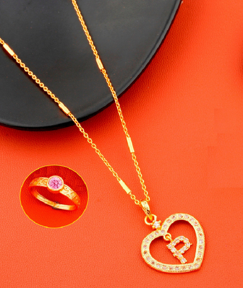Vraj india P name letter Diamond Pendant locket chain with ring