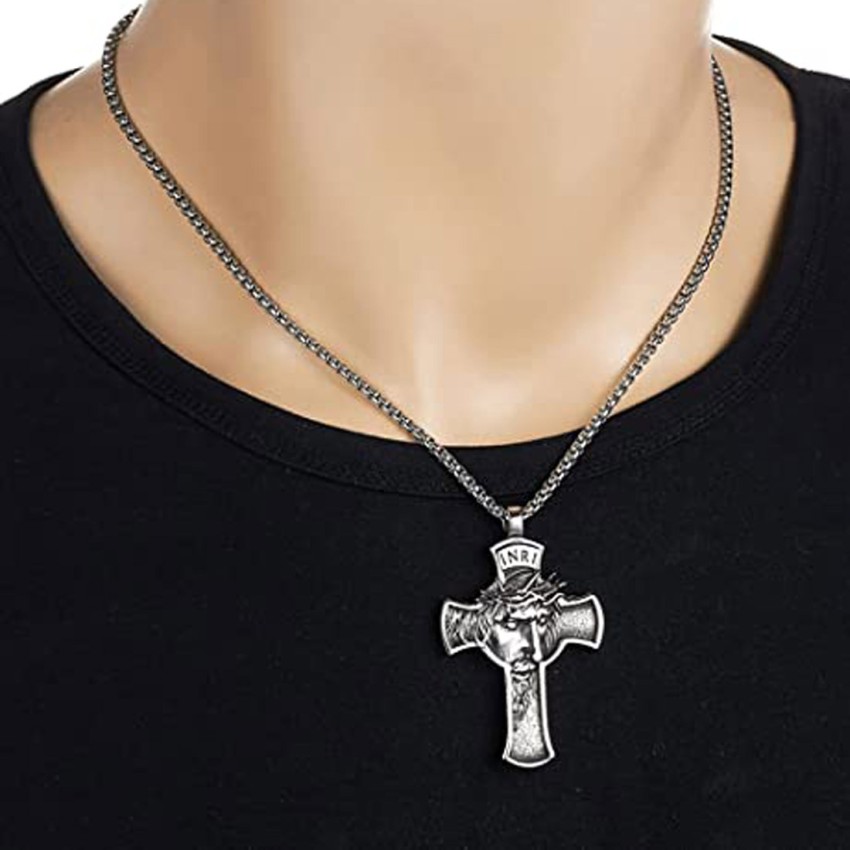 M Men Style Religious Handmade Silver Christ Jesus Cross Pendant Necklace Sterling Silver Alloy, Metal Pendant
