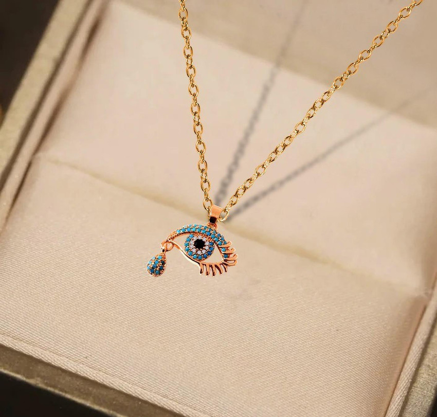 Stylewell Rose Gold AD Blue Diamond Evil Eye Lashes With Teardrop