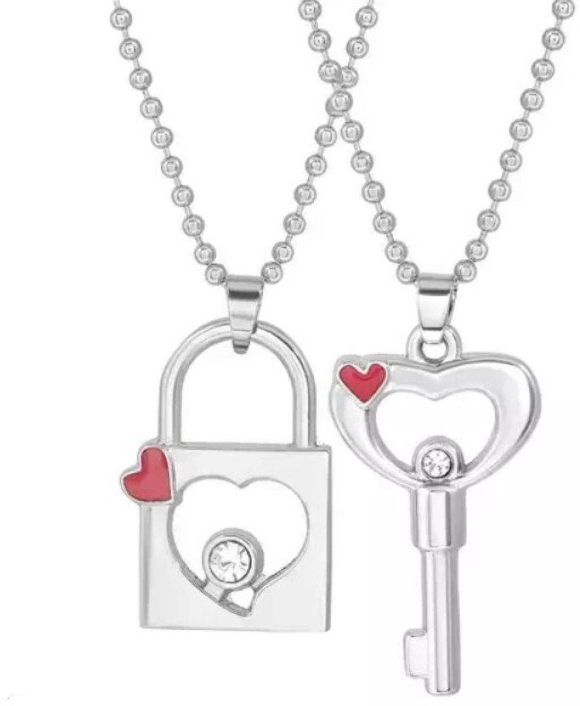 Silver Crystal Key & Lock Heart Necklace