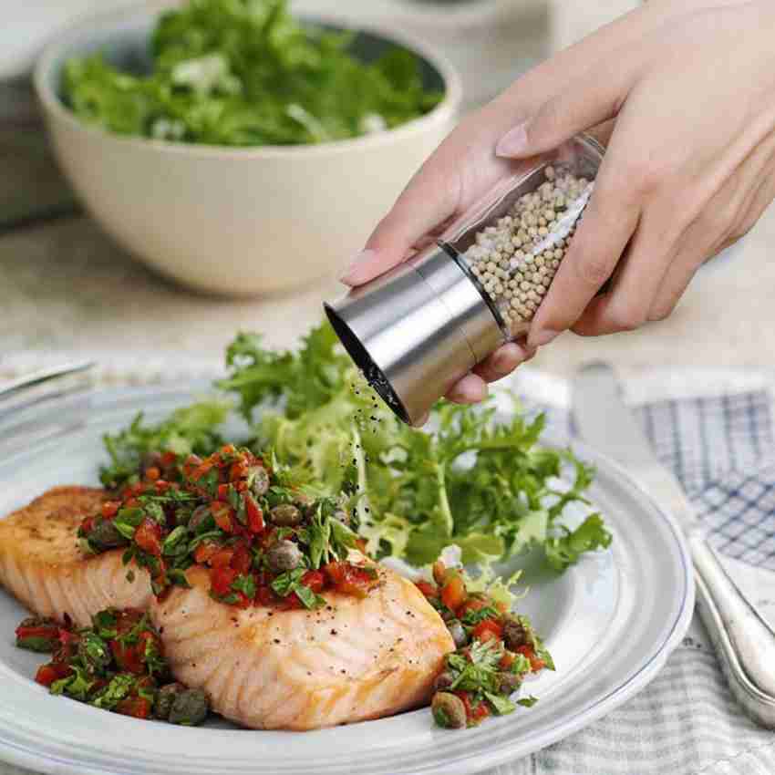 Salt and Pepper Shakers Grinders Set Refillable Stainless Steel, Adjustable  Coarseness Mills Glass Material to Refill Sea Salt,Small Peppercorn,Black