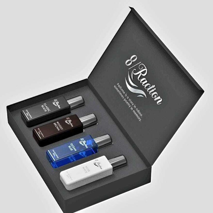 Buy 8Raction Platinum Luxury Parfum Set-04 stonic gray +woody brown+Musk  White+Nature Green Eau de Parfum - 80 ml Online In India