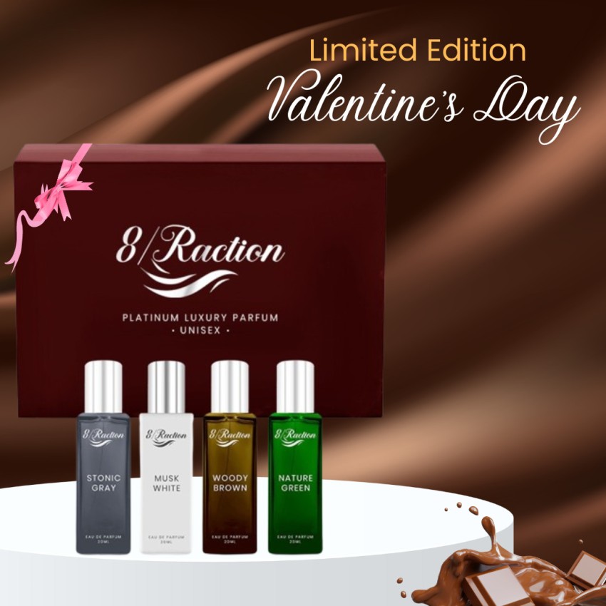 Buy 8Raction Platinum Luxury Parfum Set-04 stonic gray +woody brown+Musk  White+Nature Green Eau de Parfum - 80 ml Online In India