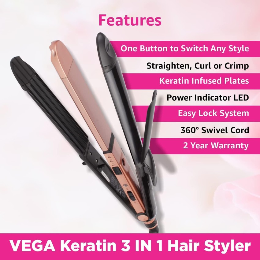 VEGA 3 in 1 Keratin Hair Styler Straightener Curler and Crimper