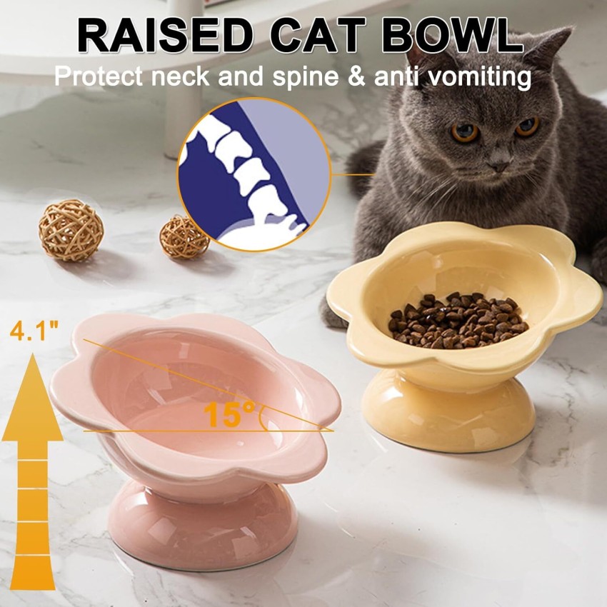 KUTKUT Ceramic Raised Cat Bowl Cute Flower Raised Cat Food Bowl