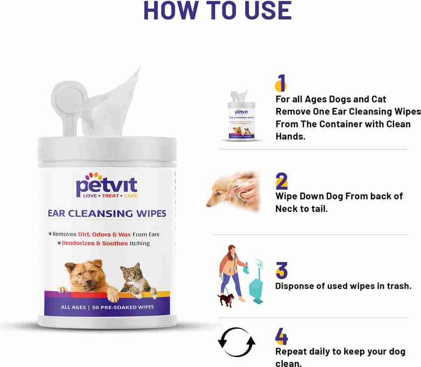 Petvit Ear Cleansing Wipes For Dogs and Cats To Remove Dirt Odors