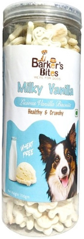 Barker s Bites Milky Vanilla High Calcium Protein Biscuits Healthy Crunchy For Dog Milk Vanilla 0.7 kg Dry New Born Adult Dog Food Price in India Buy Barker s Bites