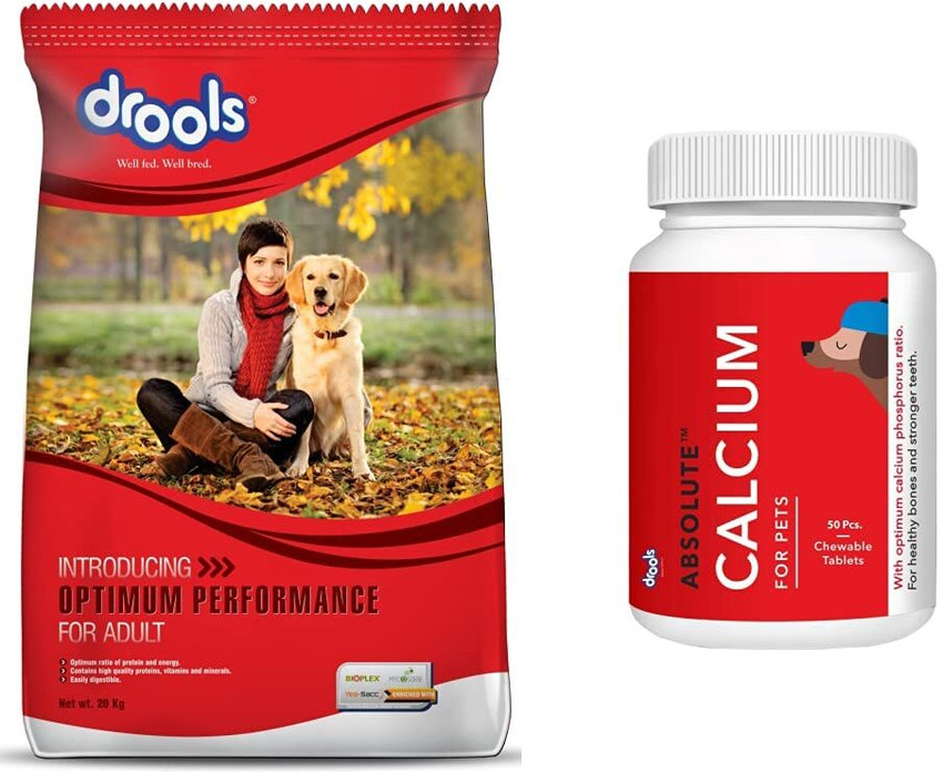 Drools Drools Optimum Performance Adult 20kg Drools Absolute Calcium Tablet 50 Pieces Chicken 20.2 kg 2x10.1 kg Dry Adult Dog Food Price in India Buy Drools Drools Optimum Performance Adult 20kg