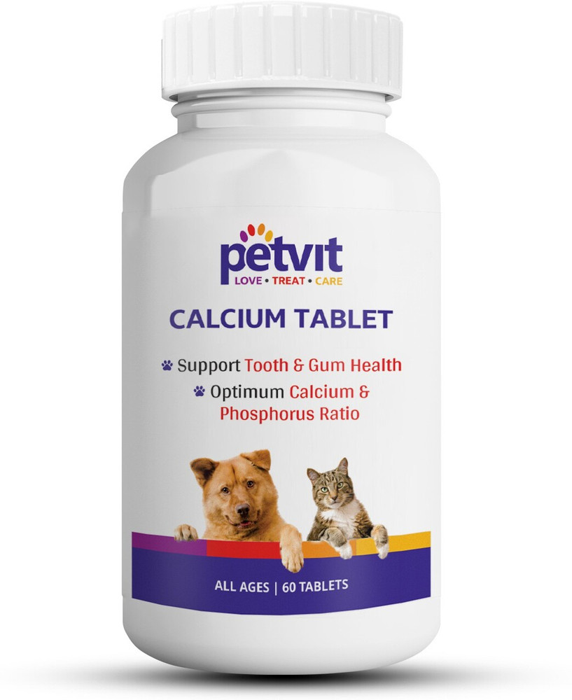 Petvit Calcium Tablet with Calcium Phosphorus Vitamin D3 Vitamin B12 For Dog and Cat for Stronger Bones Teeth Growth in Pet For All Age Group 60 Palatable Chewable Tablets