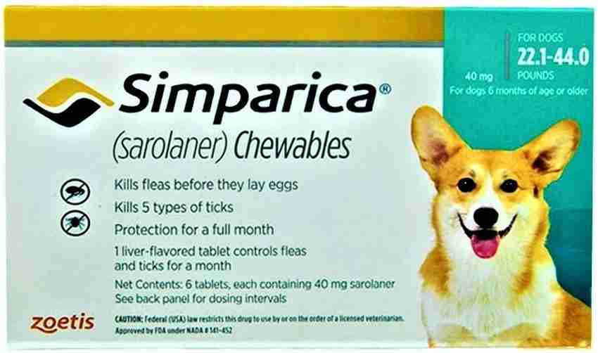 Zoetis Simparica 40mg Tick and Fleas Tablet 6 Tabs for dogs 10 20kg Pet Health Supplements Price in India Buy Zoetis Simparica 40mg Tick and Fleas Tablet 6 Tabs for dogs 10 20kg