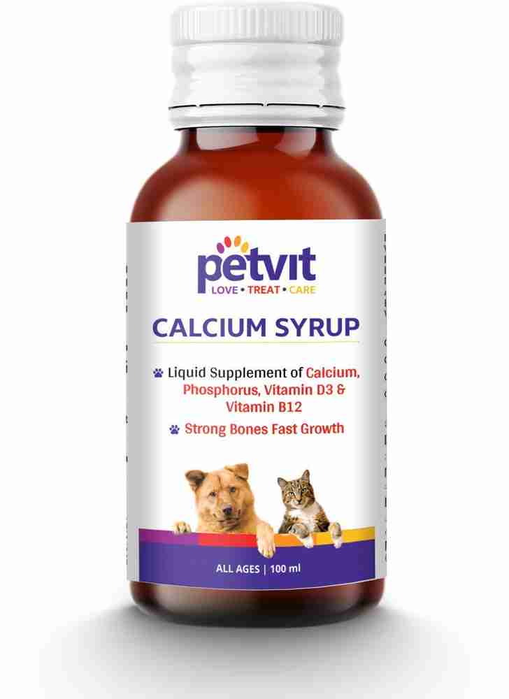 Petvit Calcium Syrup with Calcium Phosphorus Vitamin D3 B12 For Dog Stronger Bones Teeth Growth in Pet For All Age Group 100ml Pet Health Supplements Price in India