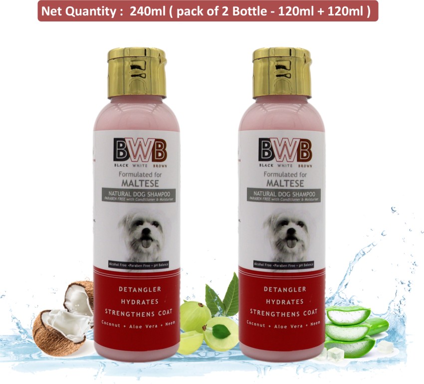 BWB BLACK WHITE BROWN BWB MALTESE SHAMPOO pack of two bottle 120ml 120ml Allergy Relief Anti itching Flea and Tick Conditioning Whitening and Color Enhancing Dog Shampoo Price in India