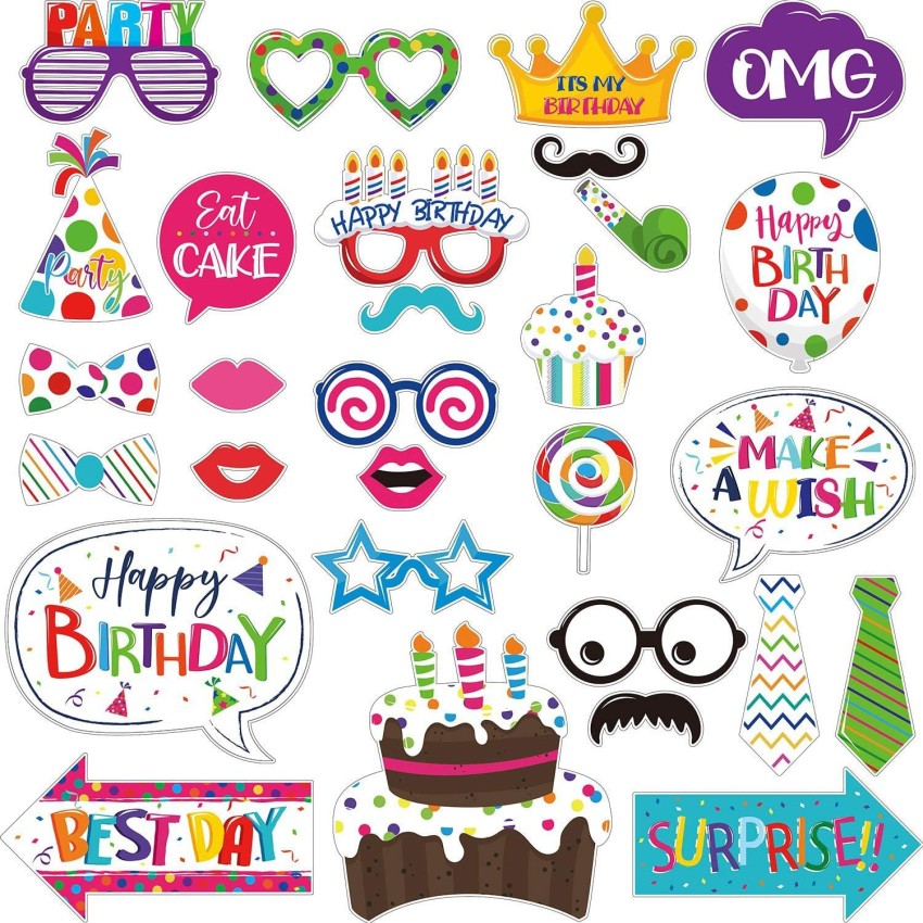 ZYOZI 29 Pieces Birthday Photo Booth Props Kit Colorful Funny Kids