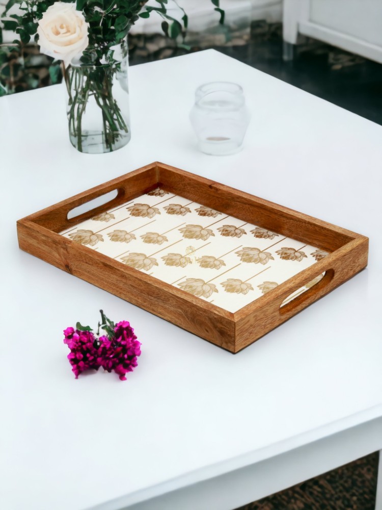 DULI Mango Wood White Gold Lotus Serving Tray for Home & Kitchen Festive  Decor 14x10 Tray Price in India - Buy DULI Mango Wood White Gold Lotus  Serving Tray for Home 