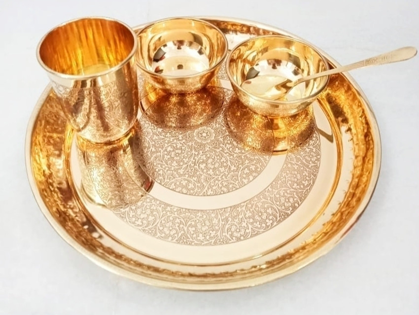 bhawani Pure Brass Dinner set Thali katori glass antique work thali 5 pcs set 30 cm Dinner Plate Price in India Buy bhawani Pure Brass Dinner set Thali katori glass antique