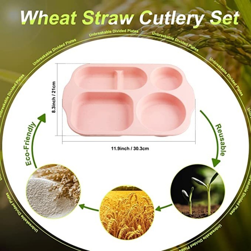 4 Pack Unbreakable Divided Plates, 6 Compartments Wheat Straw