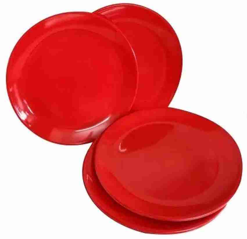 AWICKTIK Pack of 4 Red Round Plastic Half Plate For Breakfast