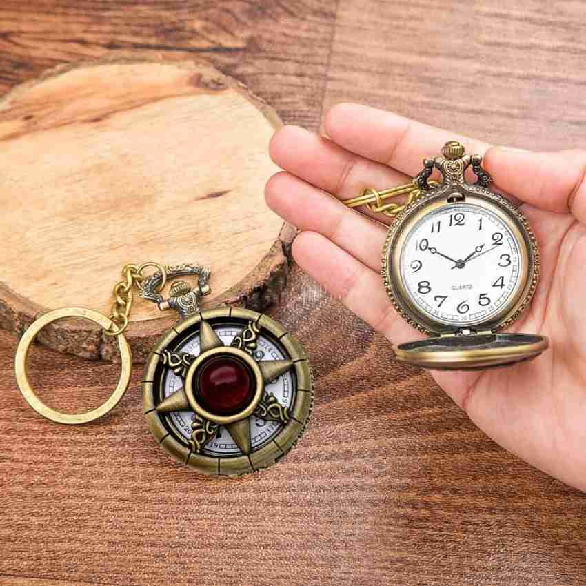 GT Gala Time Antique Red Crystal Theme Vintage Premium Gandhi Style Pocket Watch Key chain with Key Ring For Car Bike Keys Best Gift Bronze Metal Pocket Watch Chain Price in