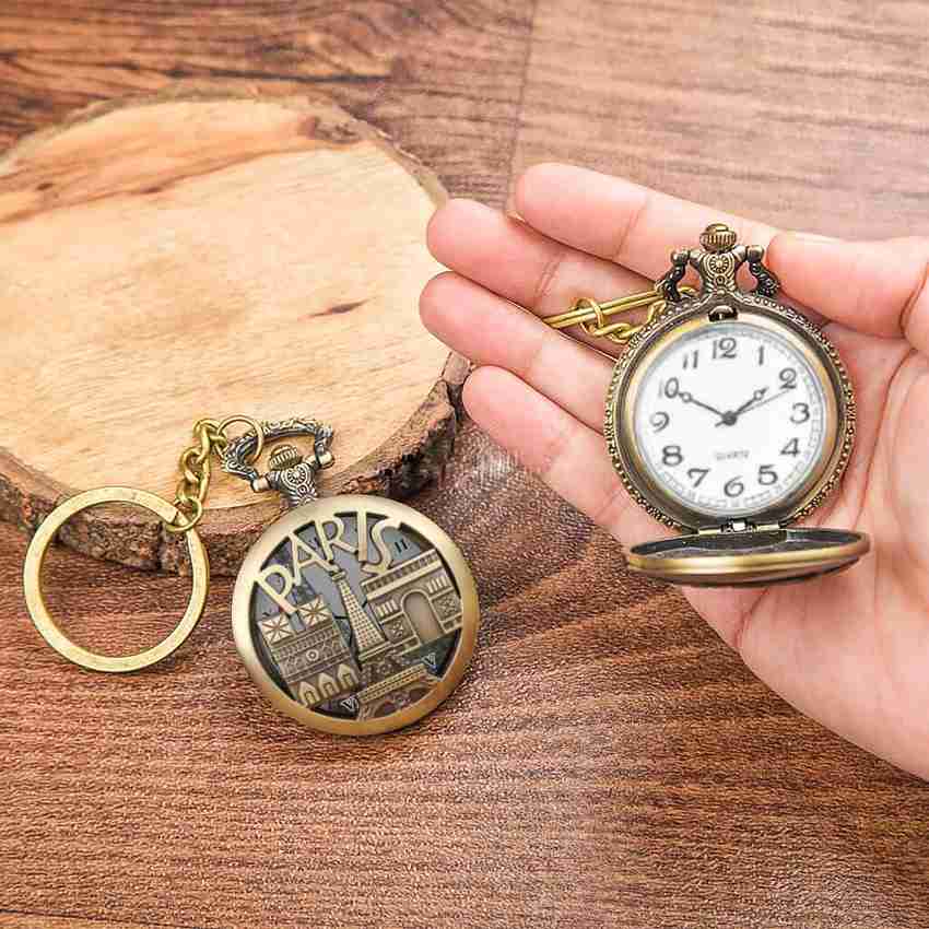 Seven Square Premium Retro Vintage Classic Paris Tower Embossing Design Pocket Watch White Dial Antique Metal Keychain With Key Ring Gift For Men Women Metallic Color Stainless Steel Pocket Watch Chai...