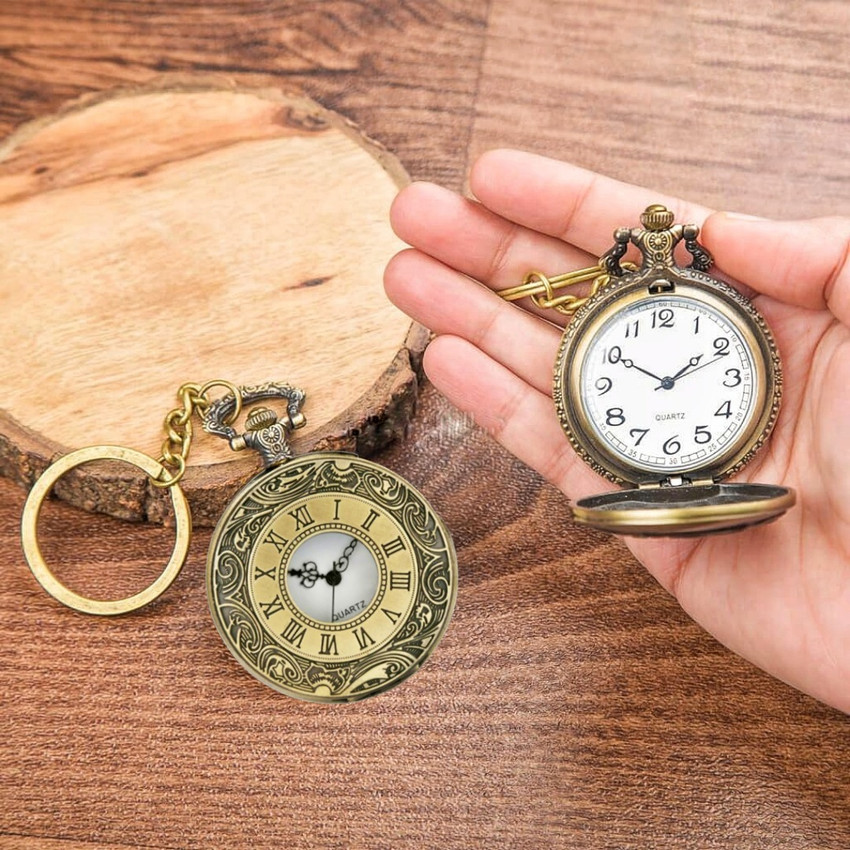 Seven Square Pocket Watch Roman Number Key Chain Antique Vintage Bronze Analog White Dial Car Bike Metal Keychain With Key Ring Anti Rust Gift For Men Women Golden Color Stainless Steel