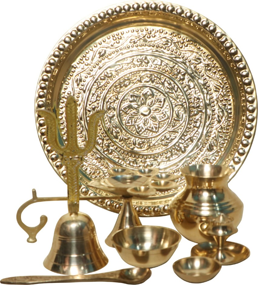 LaDekor Brass Pooja Thali Set with Diya and Other Accessories